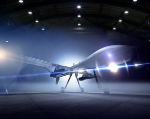 Predator drone at the ready in a hangar